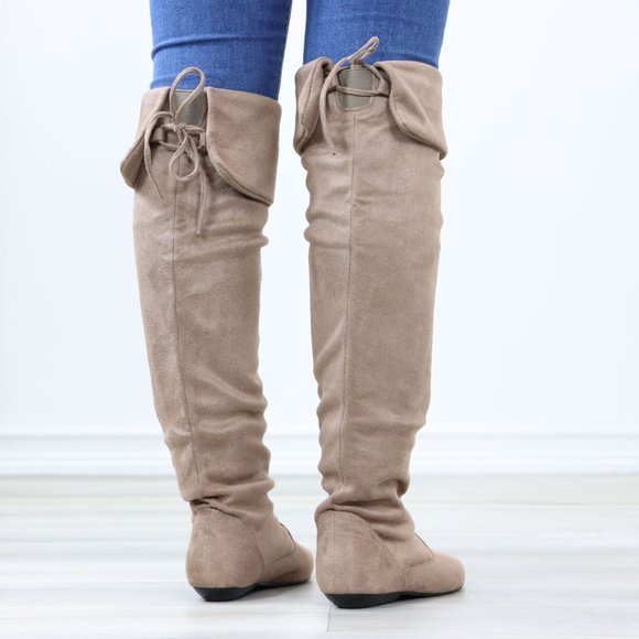 Fold Over Taupe Thigh High Over The Knee Flat No Heel Boots Faux Suede Pointed - Picture 8 of 14